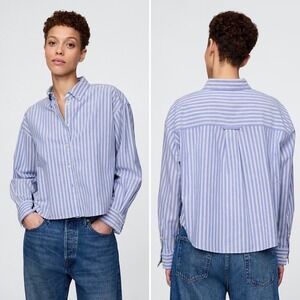 Gap Organic Cotton Oxford Crop Big Shirt XL Blue Green Stripe Oversize Button Up